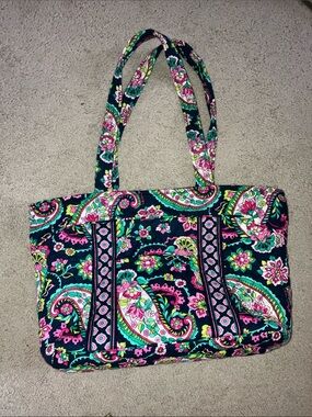 Vera Bradley Navy Floral Paisley Quilted Shoulder Tote with Pink & Green Accents